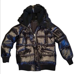 The Kooples Shiny Black Puffer Coat with Fur